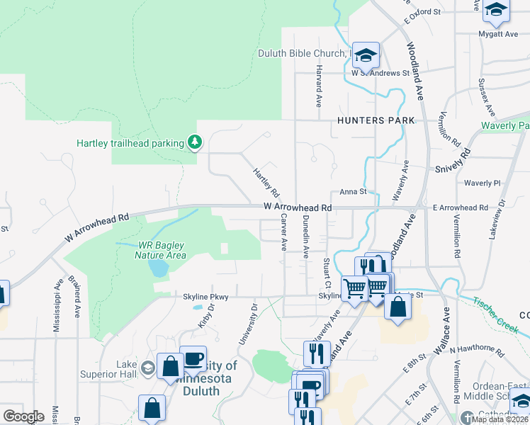 map of restaurants, bars, coffee shops, grocery stores, and more near 444 West Arrowhead Road in Duluth