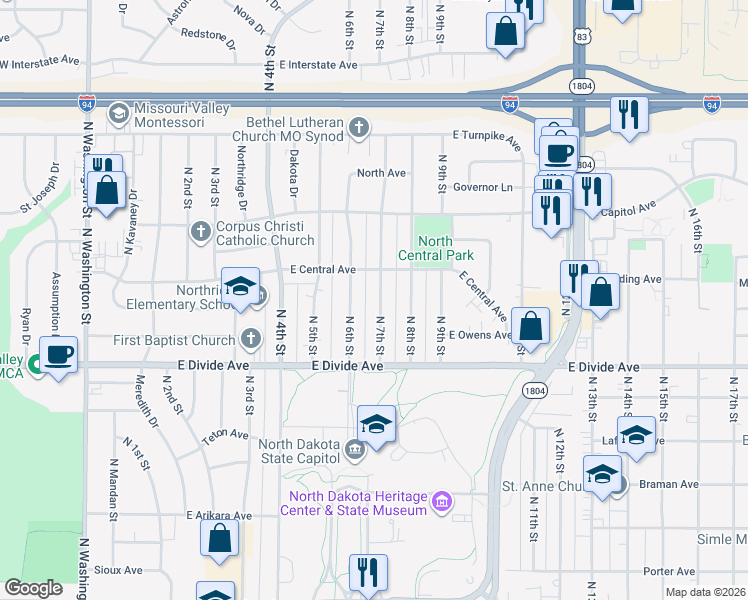 map of restaurants, bars, coffee shops, grocery stores, and more near 1814 North 7th Street in Bismarck