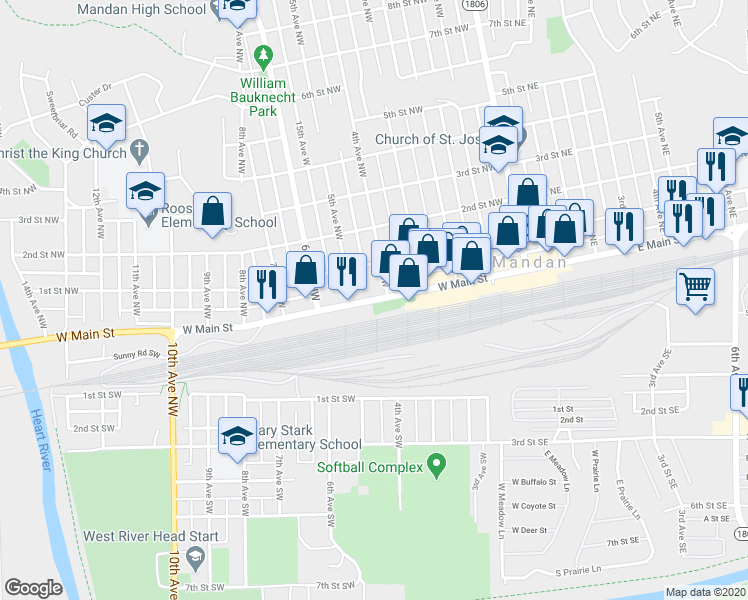 map of restaurants, bars, coffee shops, grocery stores, and more near 502 West Main Street in Mandan