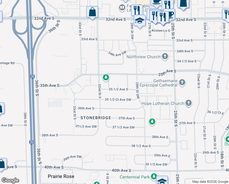 map of restaurants, bars, coffee shops, grocery stores, and more near 3018 35 1/2 Avenue South in Fargo