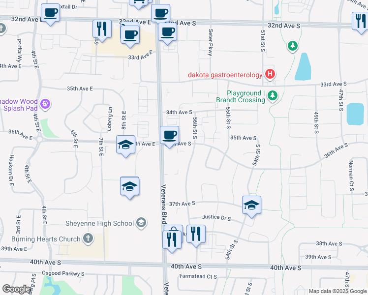 map of restaurants, bars, coffee shops, grocery stores, and more near 5630 36th Avenue South in Fargo