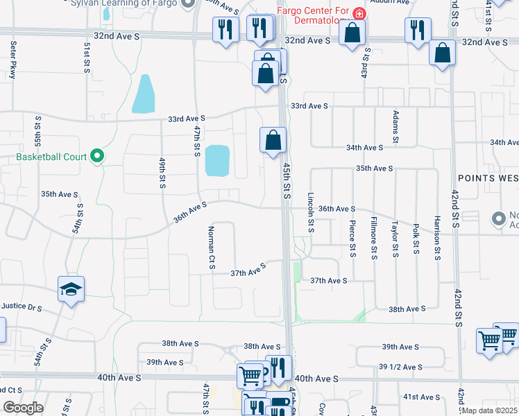 map of restaurants, bars, coffee shops, grocery stores, and more near 4558 36th Avenue South in Fargo