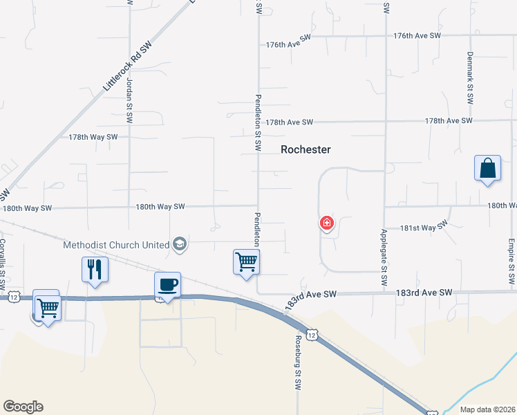 map of restaurants, bars, coffee shops, grocery stores, and more near 18025 Pendleton Street Southwest in Rochester