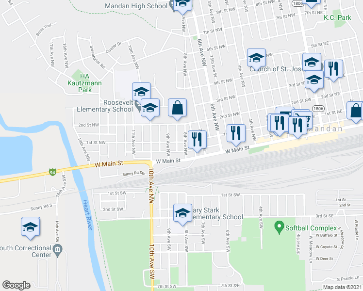 map of restaurants, bars, coffee shops, grocery stores, and more near 149 8th Avenue Northwest in Mandan