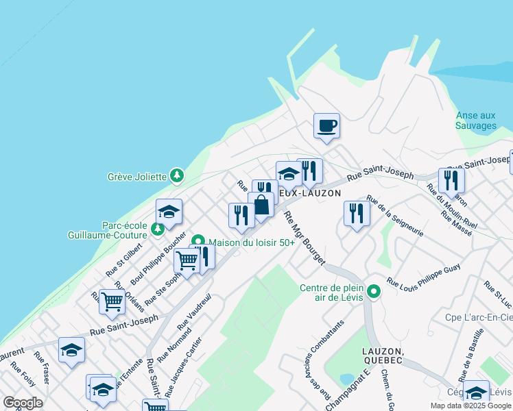 map of restaurants, bars, coffee shops, grocery stores, and more near 7 Rue Jolliet in Lévis