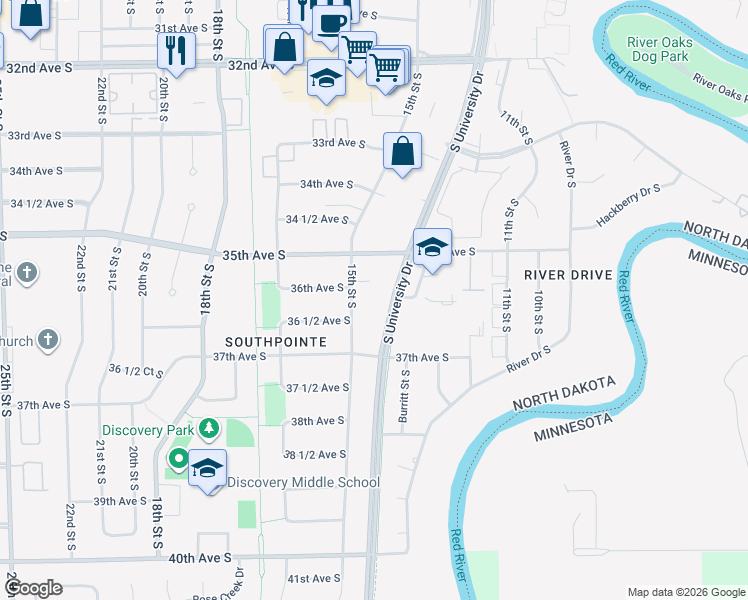 map of restaurants, bars, coffee shops, grocery stores, and more near 3601 South University Drive in Fargo