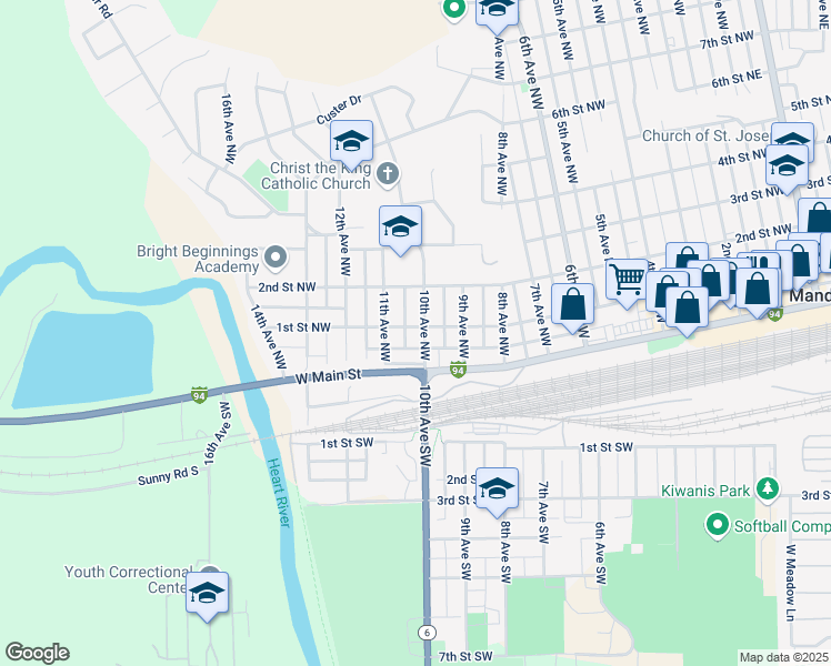 map of restaurants, bars, coffee shops, grocery stores, and more near 153 10th Avenue Northwest in Mandan
