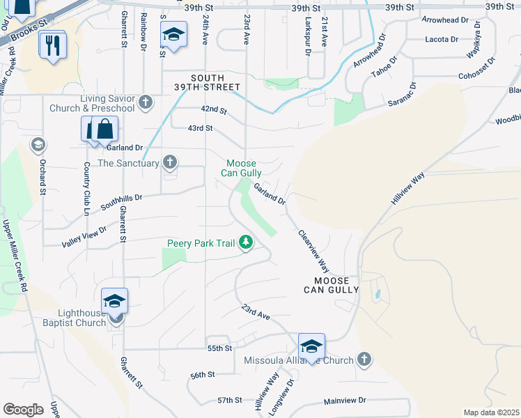 map of restaurants, bars, coffee shops, grocery stores, and more near 104 Oakhurst Court in Missoula