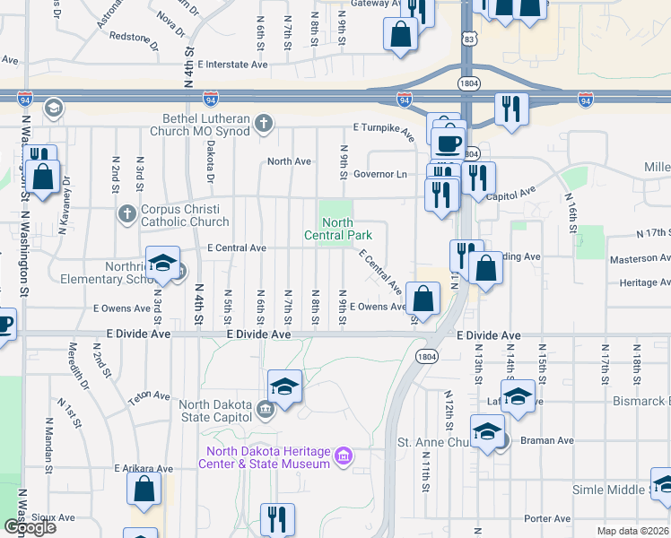 map of restaurants, bars, coffee shops, grocery stores, and more near 1808 North 9th Street in Bismarck