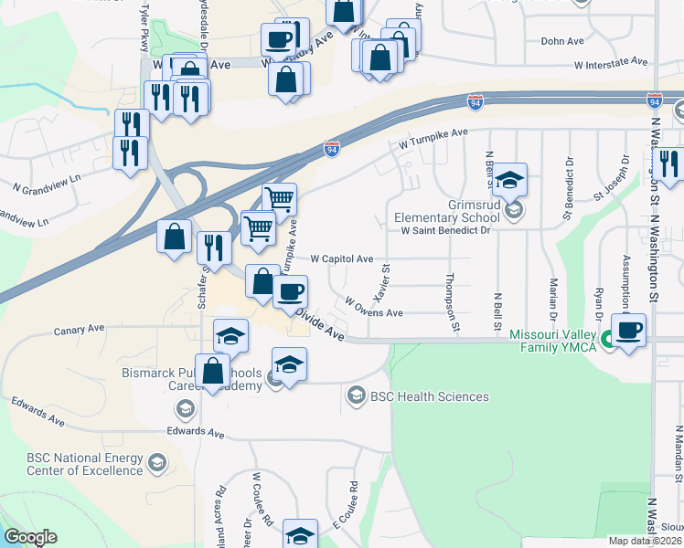 map of restaurants, bars, coffee shops, grocery stores, and more near 1141 West Owens Avenue in Bismarck