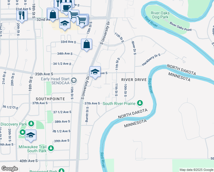 map of restaurants, bars, coffee shops, grocery stores, and more near 1156 Eagle Park Drive South in Fargo