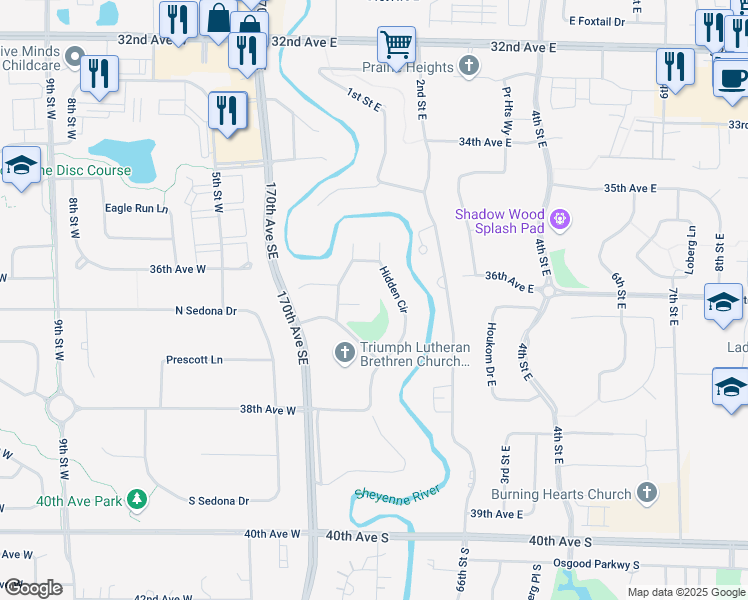 map of restaurants, bars, coffee shops, grocery stores, and more near 217 36 1/2 Avenue Place East in West Fargo