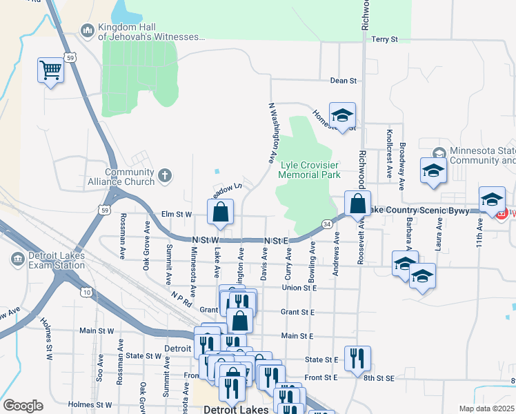 map of restaurants, bars, coffee shops, grocery stores, and more near 116 Elm Street East in Detroit Lakes