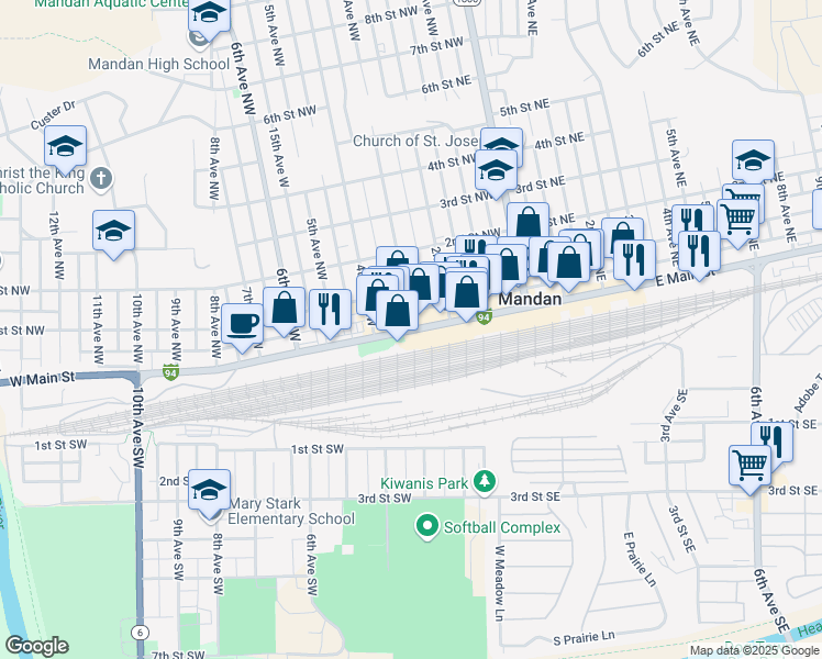 map of restaurants, bars, coffee shops, grocery stores, and more near 404 West Main Street in Mandan