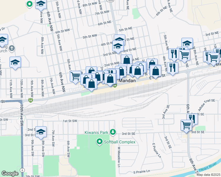 map of restaurants, bars, coffee shops, grocery stores, and more near 211 West Main Street in Mandan