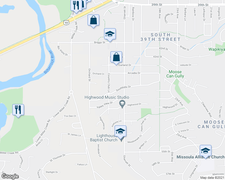 map of restaurants, bars, coffee shops, grocery stores, and more near 2630 South Hills Drive in Missoula
