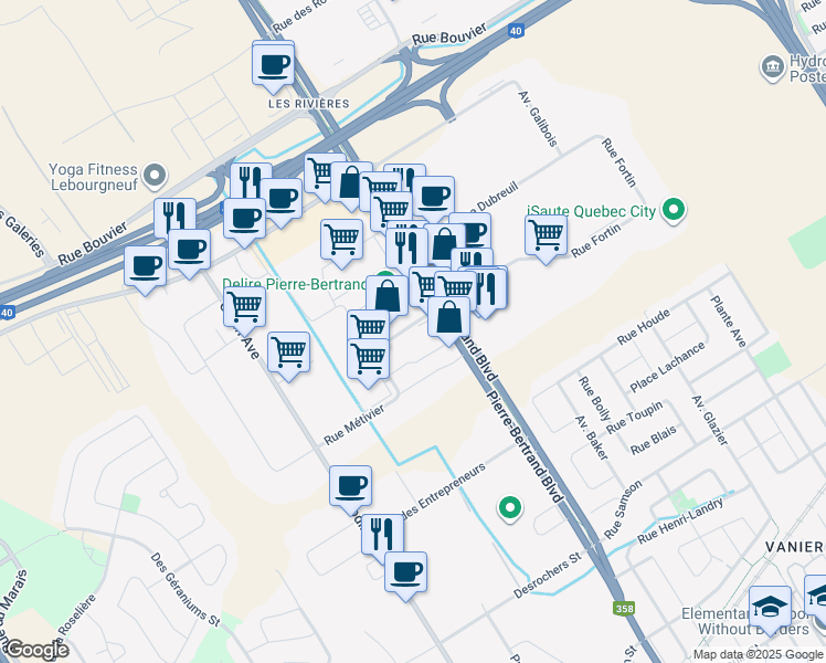 map of restaurants, bars, coffee shops, grocery stores, and more near 365 Rue Fortin in Ville de Québec
