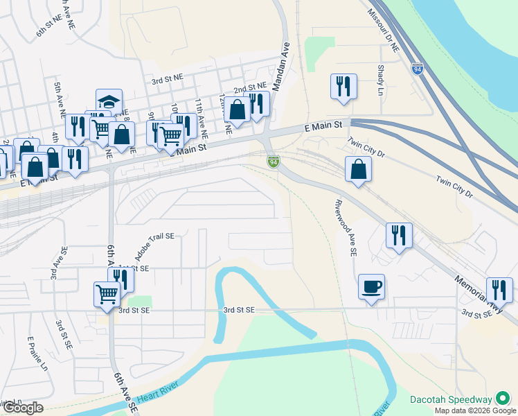 map of restaurants, bars, coffee shops, grocery stores, and more near 1404 South Frontier Trail in Mandan