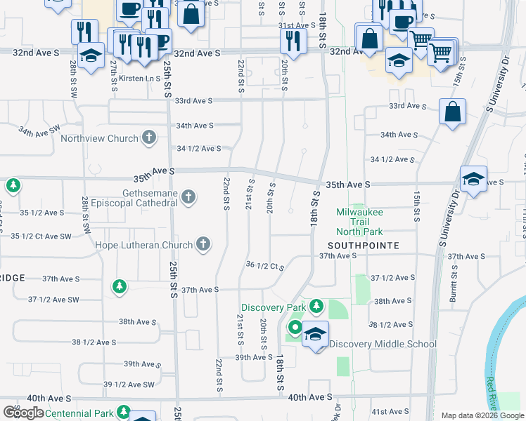 map of restaurants, bars, coffee shops, grocery stores, and more near 3626 21st Street South in Fargo