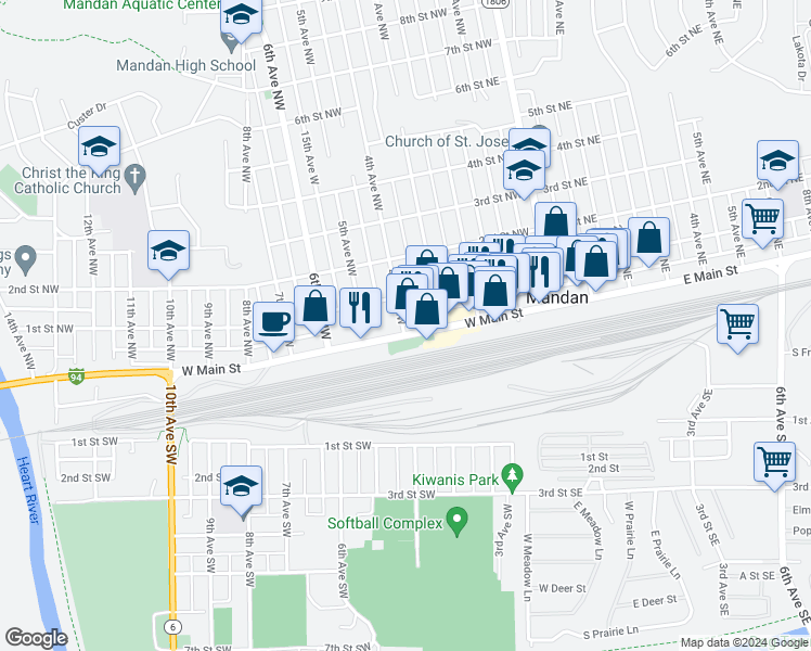 map of restaurants, bars, coffee shops, grocery stores, and more near 502 West Main Street in Mandan