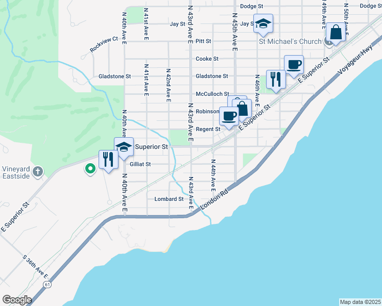 map of restaurants, bars, coffee shops, grocery stores, and more near 303 North 43rd Avenue East in Duluth
