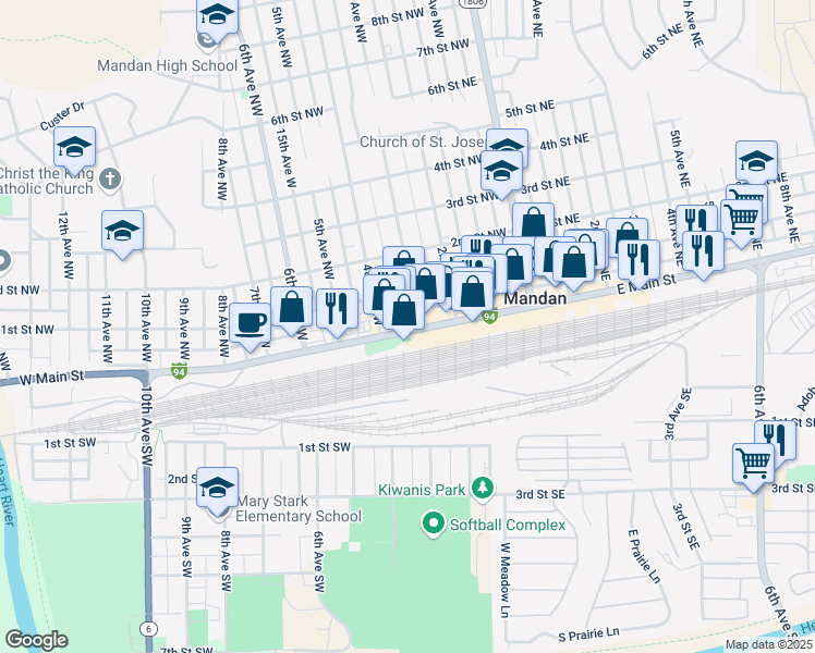 map of restaurants, bars, coffee shops, grocery stores, and more near 404 West Main Street in Mandan