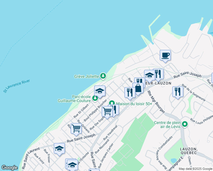 map of restaurants, bars, coffee shops, grocery stores, and more near 85 Rue Saint Gilbert in Lévis