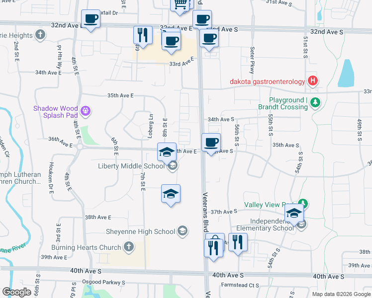 map of restaurants, bars, coffee shops, grocery stores, and more near 850 36th Avenue East in West Fargo