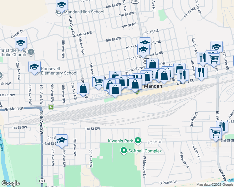 map of restaurants, bars, coffee shops, grocery stores, and more near 404 West Main Street in Mandan