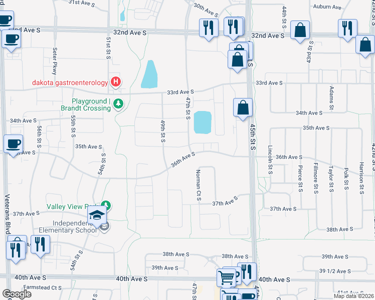 map of restaurants, bars, coffee shops, grocery stores, and more near 4808 Spencer Lane South in Fargo