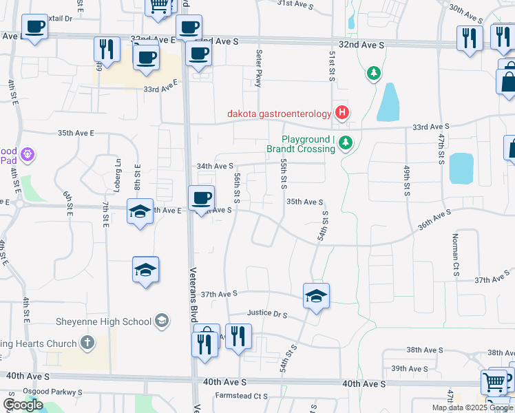map of restaurants, bars, coffee shops, grocery stores, and more near 5527 36th Avenue South in West Fargo