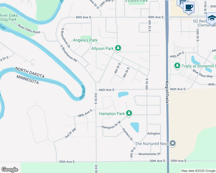 map of restaurants, bars, coffee shops, grocery stores, and more near 4544 4th St S in Moorhead