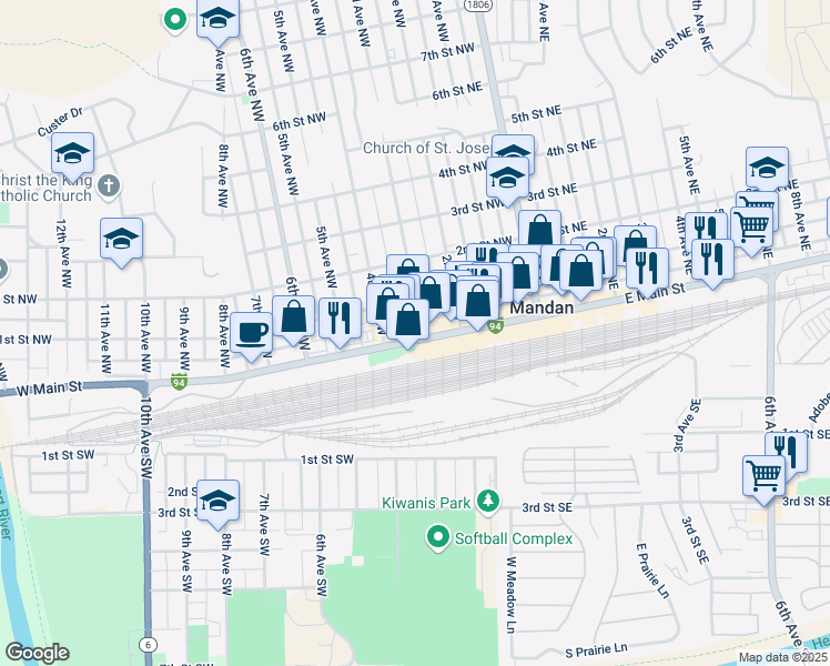 map of restaurants, bars, coffee shops, grocery stores, and more near 411 West Main Street in Mandan