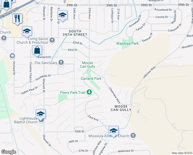 map of restaurants, bars, coffee shops, grocery stores, and more near 104 Oakhurst Court in Missoula