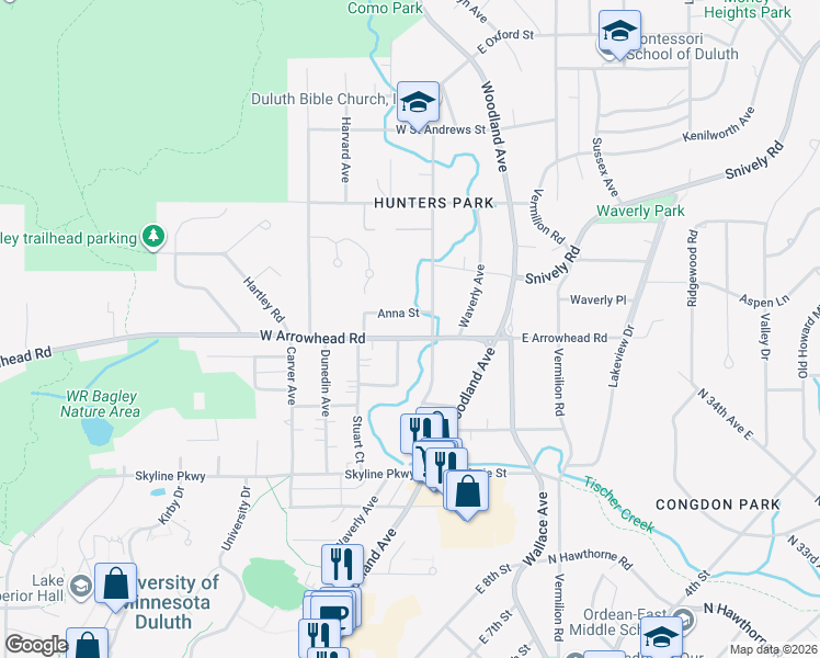 map of restaurants, bars, coffee shops, grocery stores, and more near 108 West Arrowhead Road in Duluth