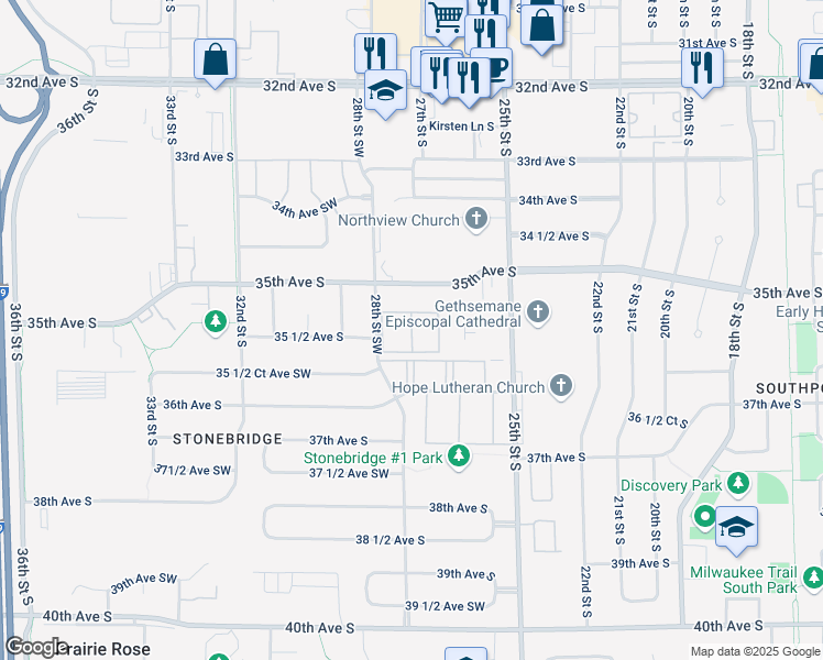 map of restaurants, bars, coffee shops, grocery stores, and more near 3510 28th Street Southwest in Fargo