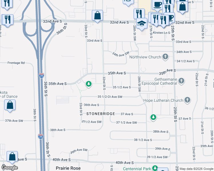 map of restaurants, bars, coffee shops, grocery stores, and more near 3118 35 1/2 Avenue South in Fargo
