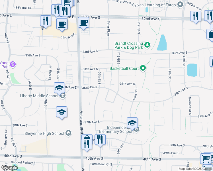 map of restaurants, bars, coffee shops, grocery stores, and more near 3692 Cordova Loop South in Fargo