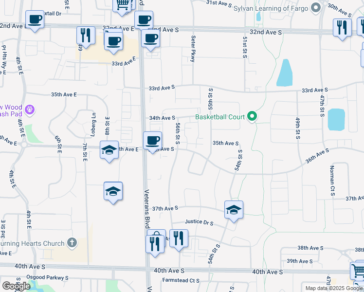 map of restaurants, bars, coffee shops, grocery stores, and more near 3692 Cordova Loop South in Fargo