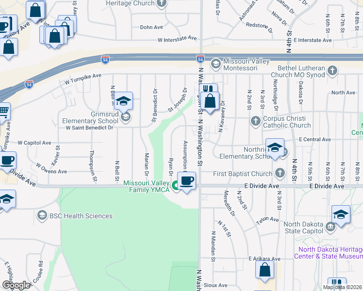 map of restaurants, bars, coffee shops, grocery stores, and more near 1818 Assumption Drive in Bismarck