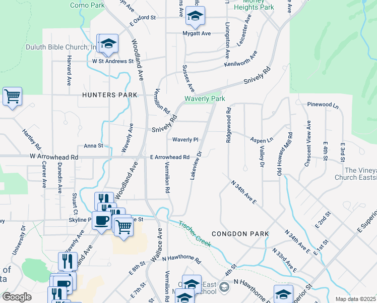 map of restaurants, bars, coffee shops, grocery stores, and more near 132 East Arrowhead Road in Duluth