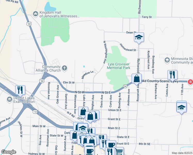 map of restaurants, bars, coffee shops, grocery stores, and more near 116 Elm Street East in Detroit Lakes