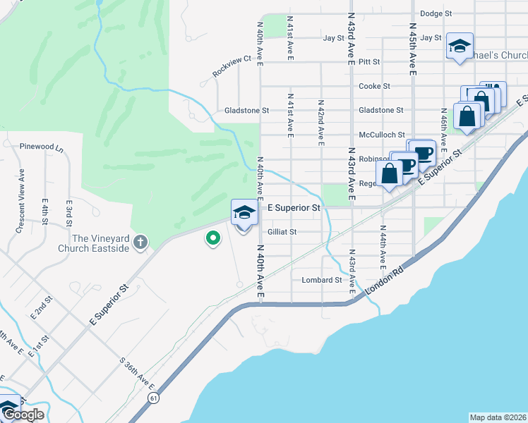 map of restaurants, bars, coffee shops, grocery stores, and more near 4011 Gilliat Street in Duluth
