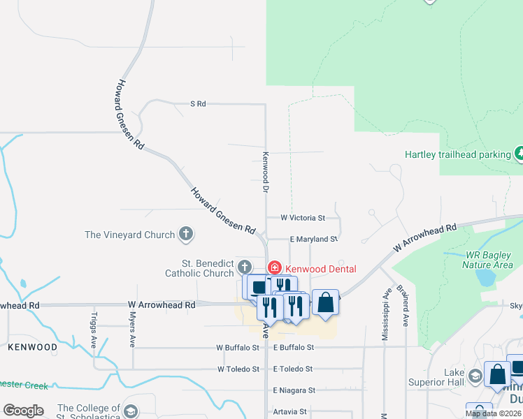 map of restaurants, bars, coffee shops, grocery stores, and more near 1401 East Maryland Street in Duluth