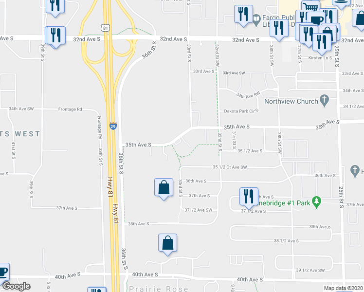 map of restaurants, bars, coffee shops, grocery stores, and more near 3253 35 1/2 Court Avenue Southwest in Fargo