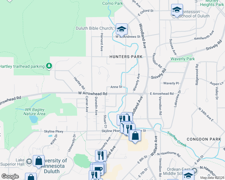 map of restaurants, bars, coffee shops, grocery stores, and more near 214 West Arrowhead Road in Duluth