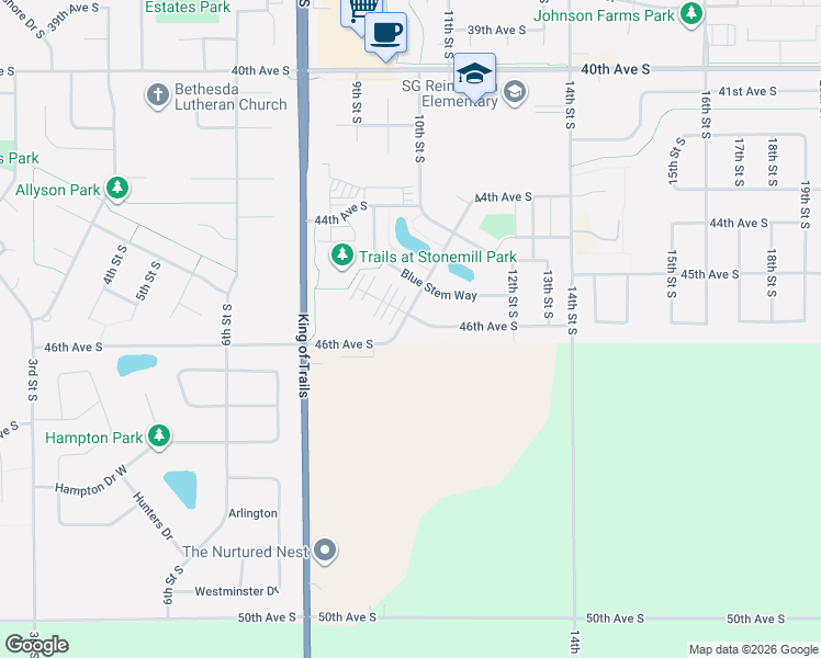 map of restaurants, bars, coffee shops, grocery stores, and more near 825 46th Avenue South in Moorhead
