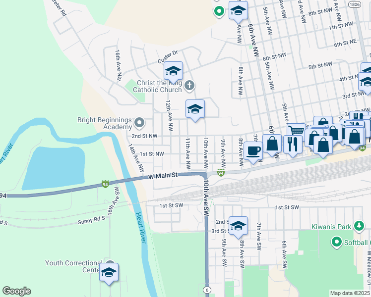 map of restaurants, bars, coffee shops, grocery stores, and more near 109 11th Avenue Northwest in Mandan