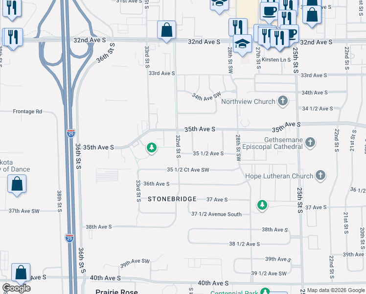 map of restaurants, bars, coffee shops, grocery stores, and more near 3118 35 1/2 Avenue South in Fargo