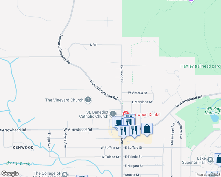 map of restaurants, bars, coffee shops, grocery stores, and more near 10 Howard Gnesen Road in Duluth